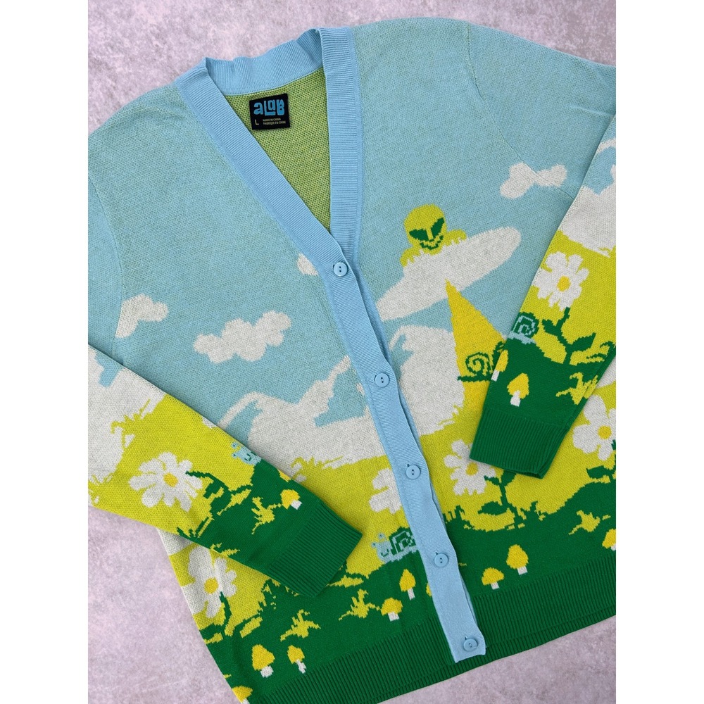 A Lab Mens Alien UFO Landscape Graphic Knit Cardigan Sweater Blue Green Large